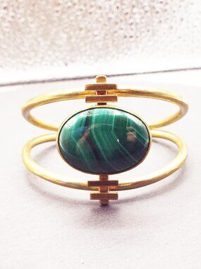 ARTISAN MIXED METAL MALACHITE STONE OVAL "STEP UP" DESIGN CUFF BRACELET 11